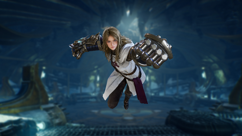 Throne and Liberty fighter wearing oversized metal Gauntlets