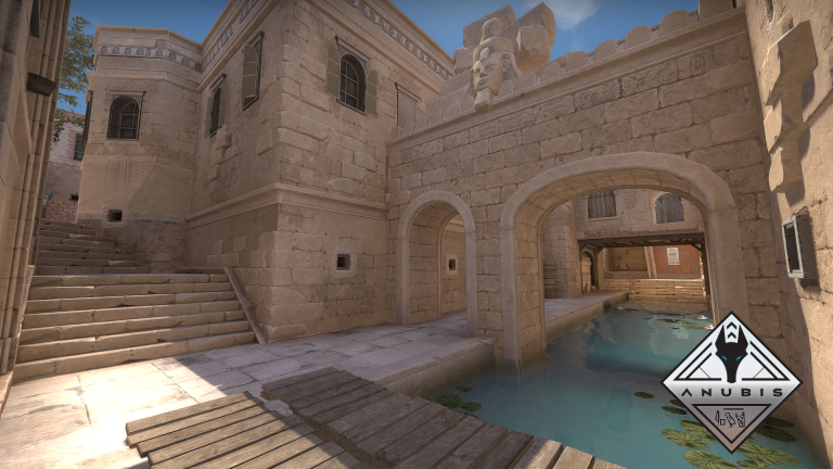 Counter-Terrorists defending the canals and stone ruins of Anubis in CS2