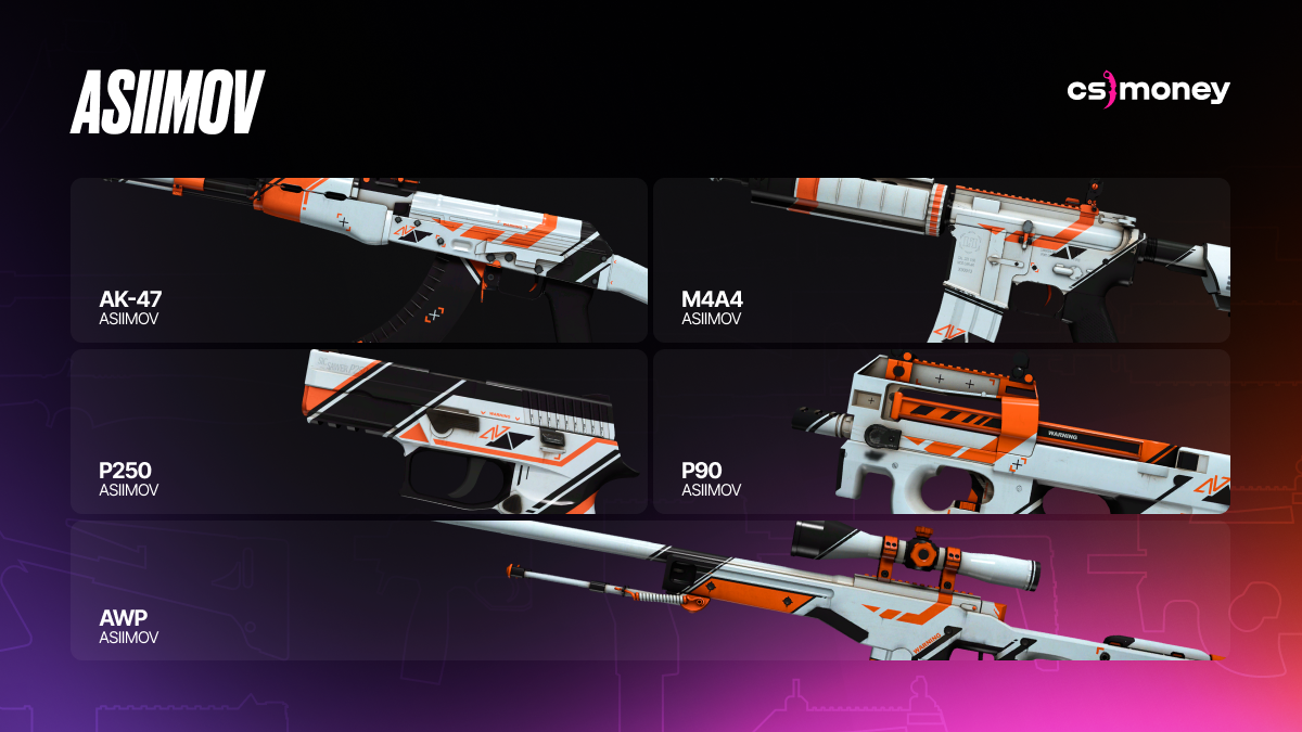 An orange, black and white Asiimov weapon finish in Counter-Strike 2