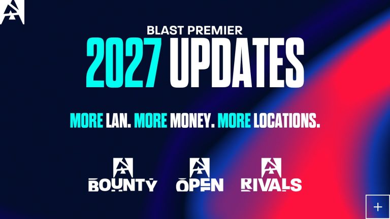 BLAST Premier 2027 format graphic with Counter-Strike stage lighting
