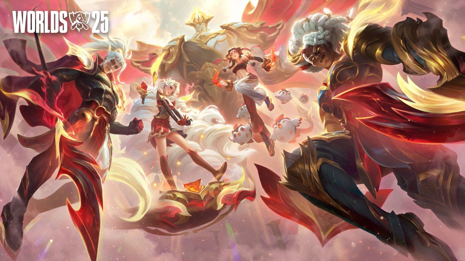 T1 Worlds 2025 League of Legends skins shown in red and gold
