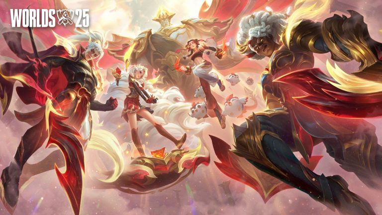 T1 Worlds 2025 League of Legends skins shown in red and gold