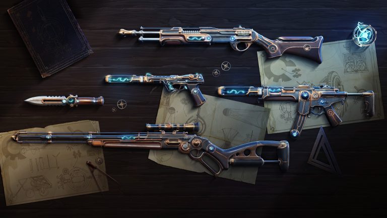 Magepunk weapons using brass frames and blue electrical energy in VALORANT