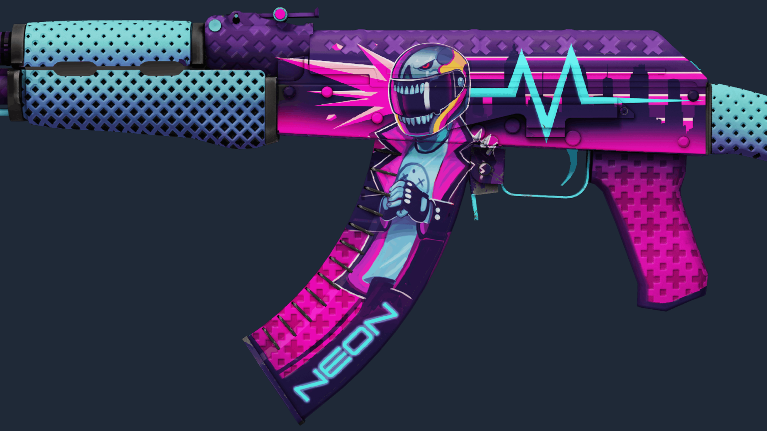 AK-47 Neon Rider with a pink blue and purple biker illustration