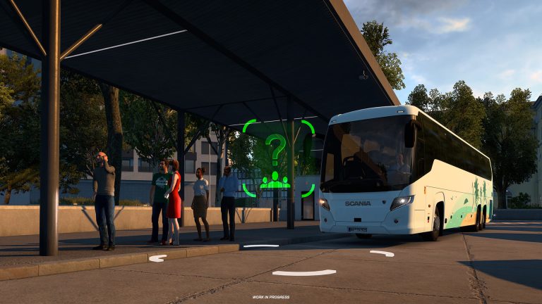 Coach traveling through the Euro Truck Simulator 2 world