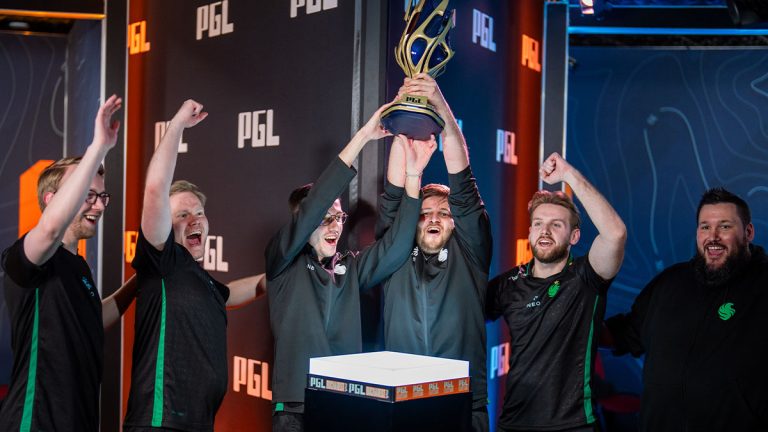 Falcons players celebrating their PGL Bucharest 2025 victory