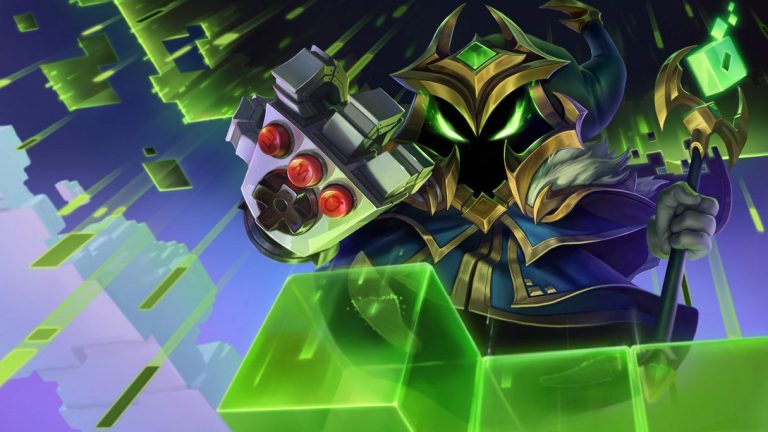 Final Boss Veigar commanding pixel-like magic in his arcade armor
