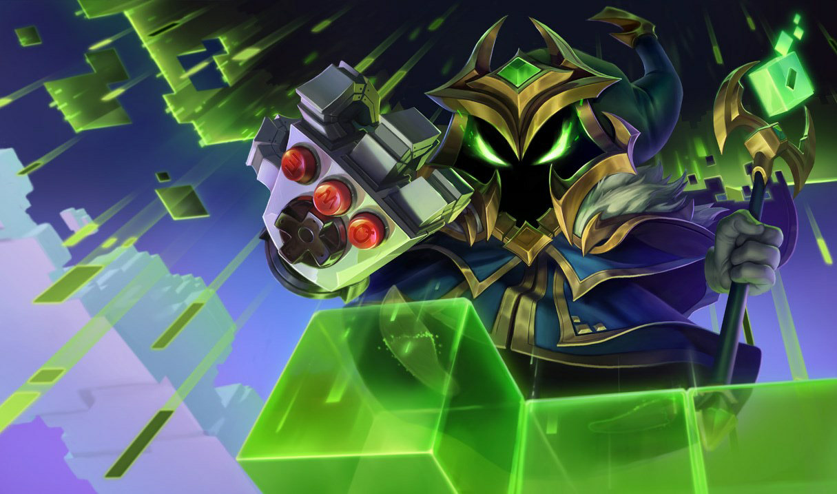 Final Boss Veigar commanding pixel-like magic in his arcade armor