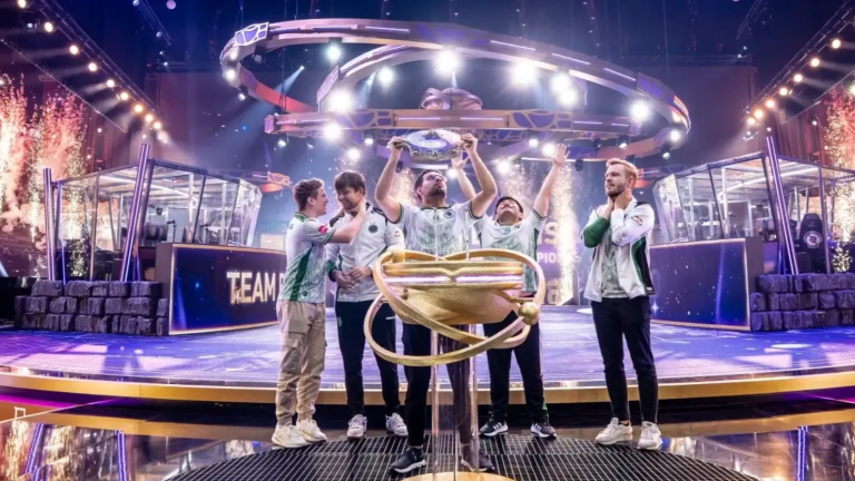Team Falcons lifting the Aegis after winning The International 2025