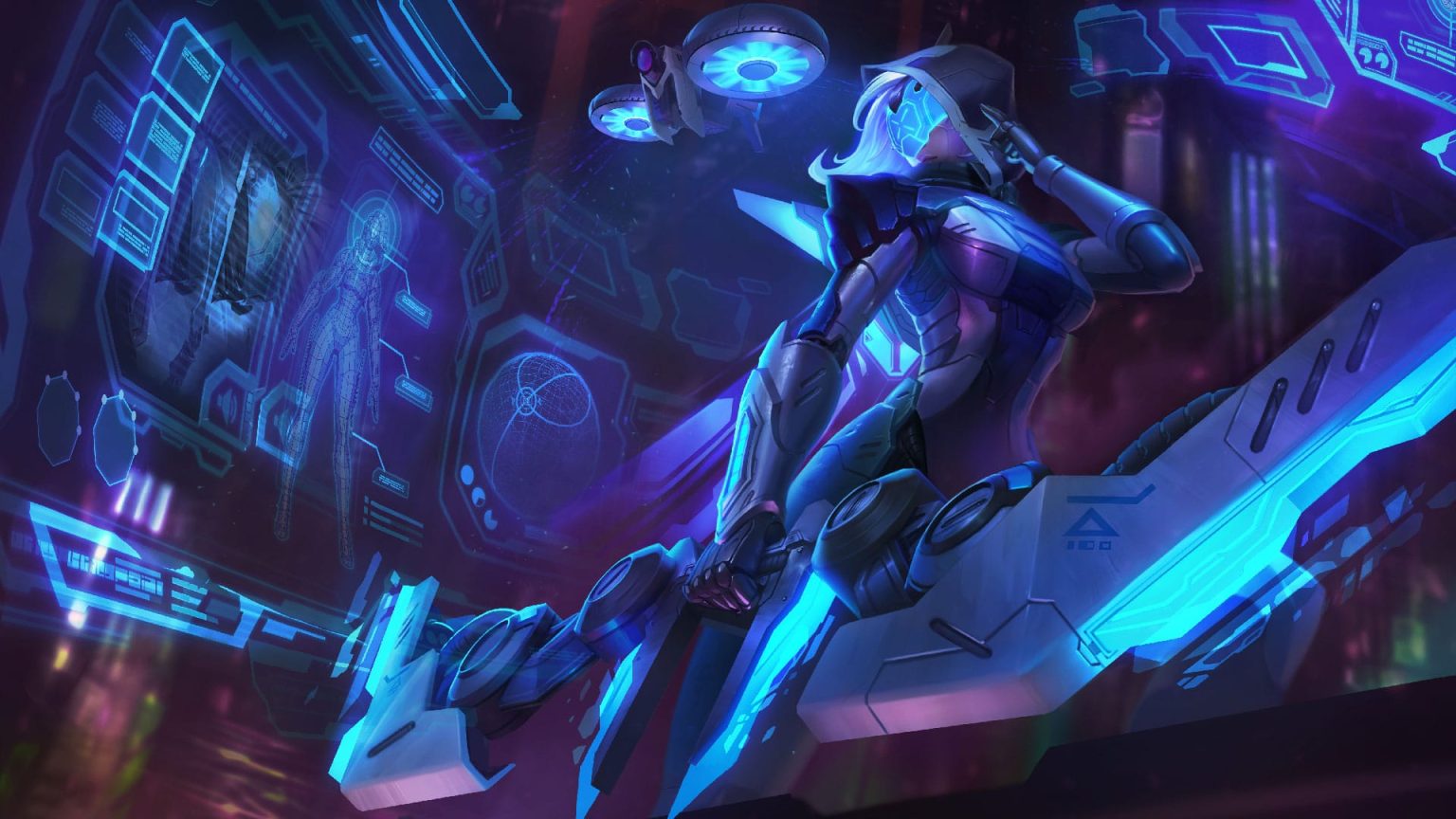 PROJECT Ashe aiming a blue energy bow among holographic displays