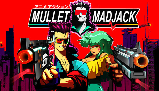 Mullet Mad Jack aiming a weapon in a neon anime corridor