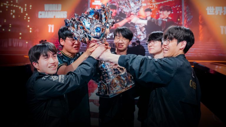 T1 celebrating after winning the League of Legends Worlds 2025 final