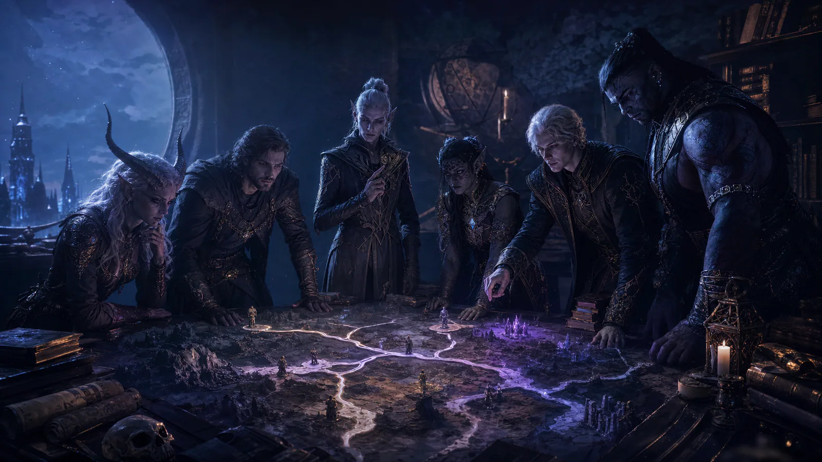 Diverse fantasy adventuring party around a glowing story map