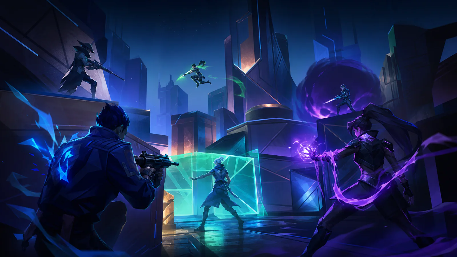 Two tactical teams contesting a clean industrial bombsite under arena lighting