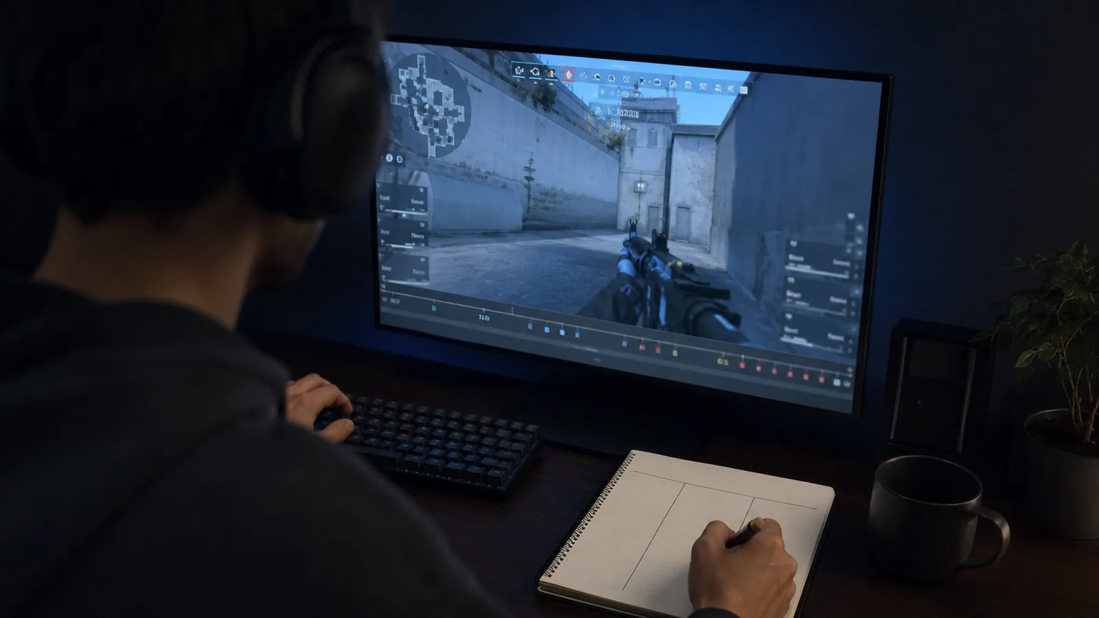 Player reviewing a CS2 demo beside a three-column notebook