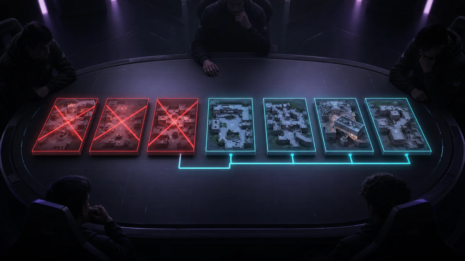 Seven abstract CS2 map panels arranged on a dark veto table