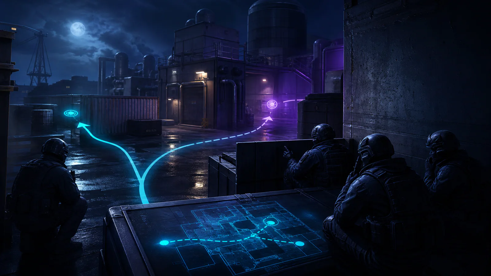 Counter-Strike team pausing around a luminous tactical table between engagements