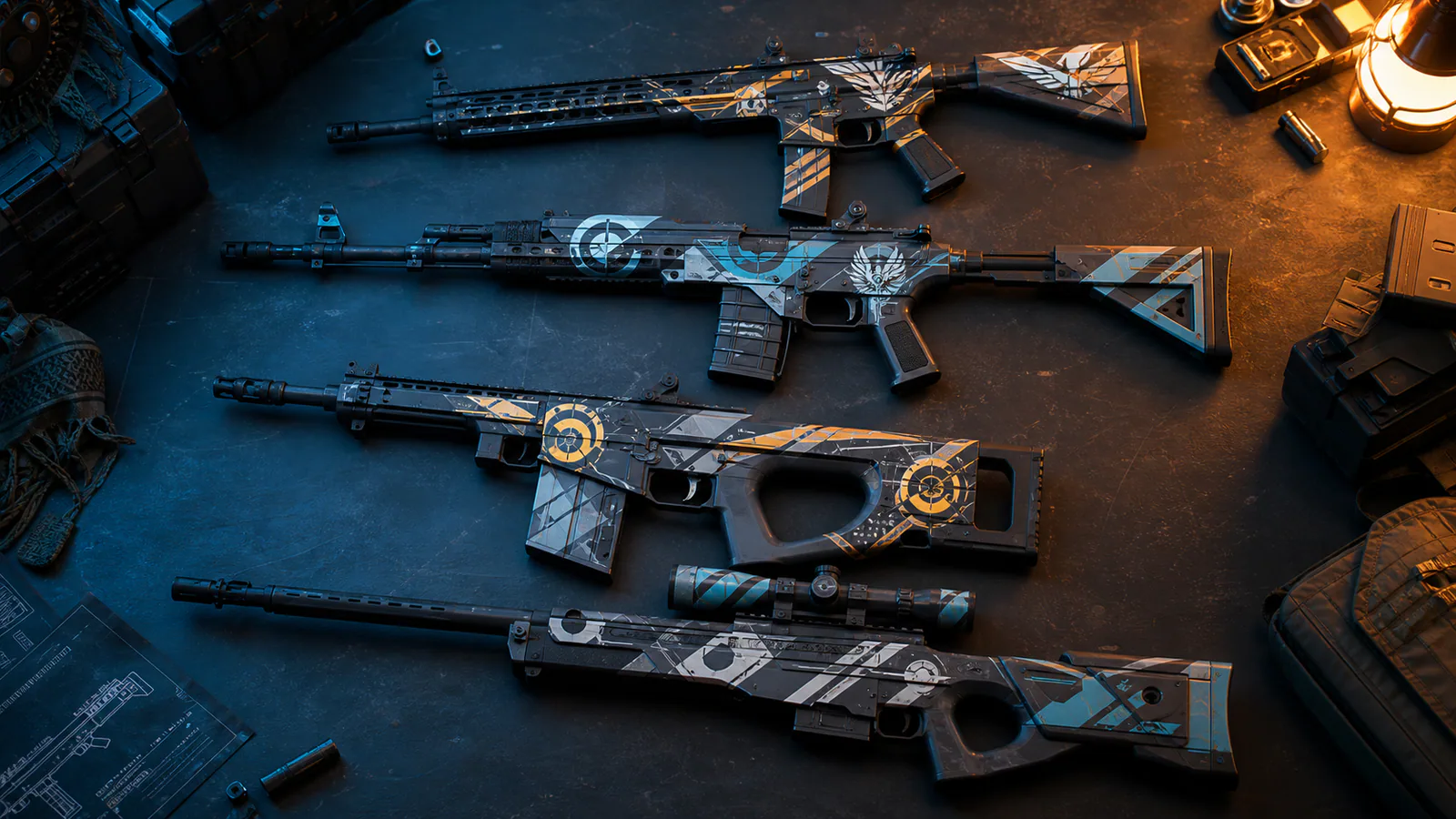 Four fictional tactical rifles with readable geometric sticker compositions