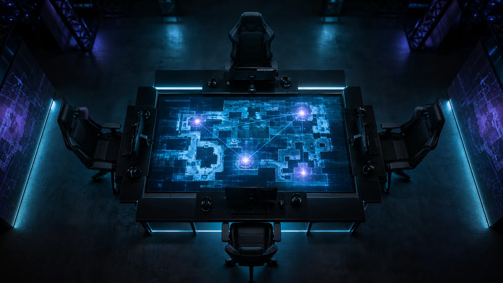 Empty CS2 stage during a tactical timeout with a glowing map table
