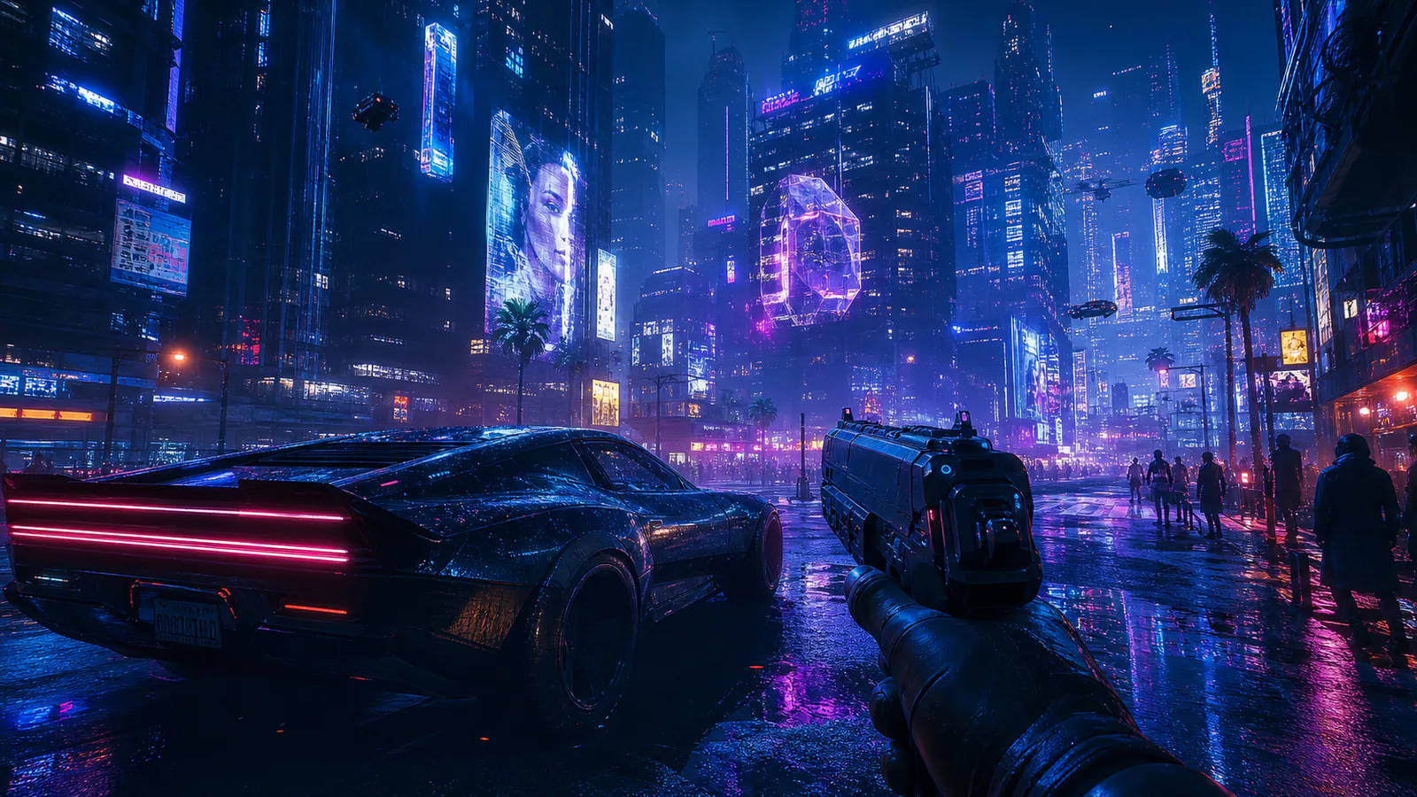Lone mercenary overlooking a layered neon megacity at night