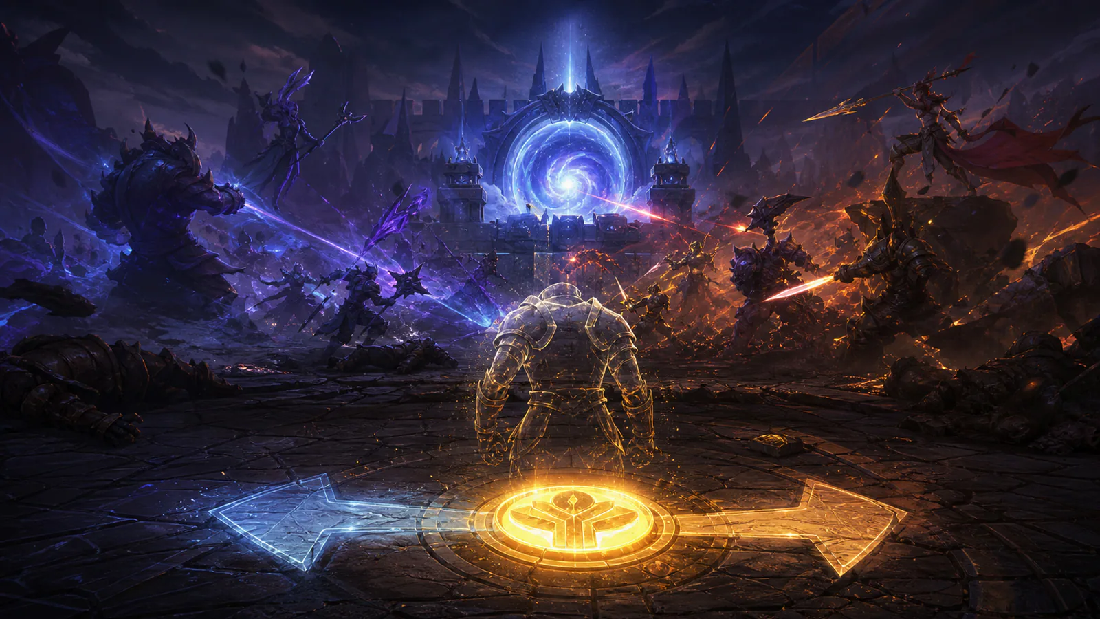 Fantasy MOBA fight around a glowing buyback portal near the base