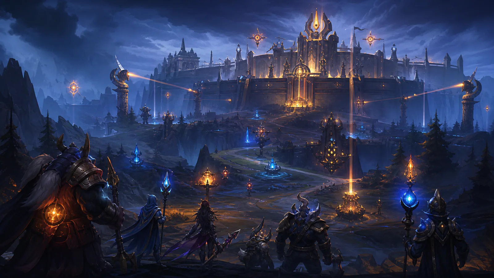 Fantasy MOBA team waiting below a fortified high-ground base