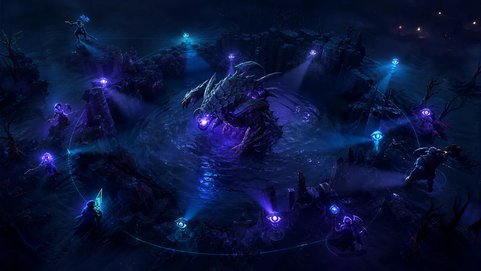 Fantasy esports squad approaching a monster pit through guarded river paths