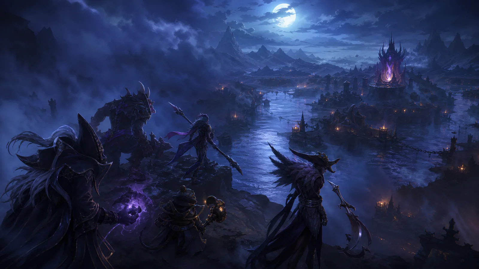 Fantasy MOBA squad moving through smoke toward a river objective