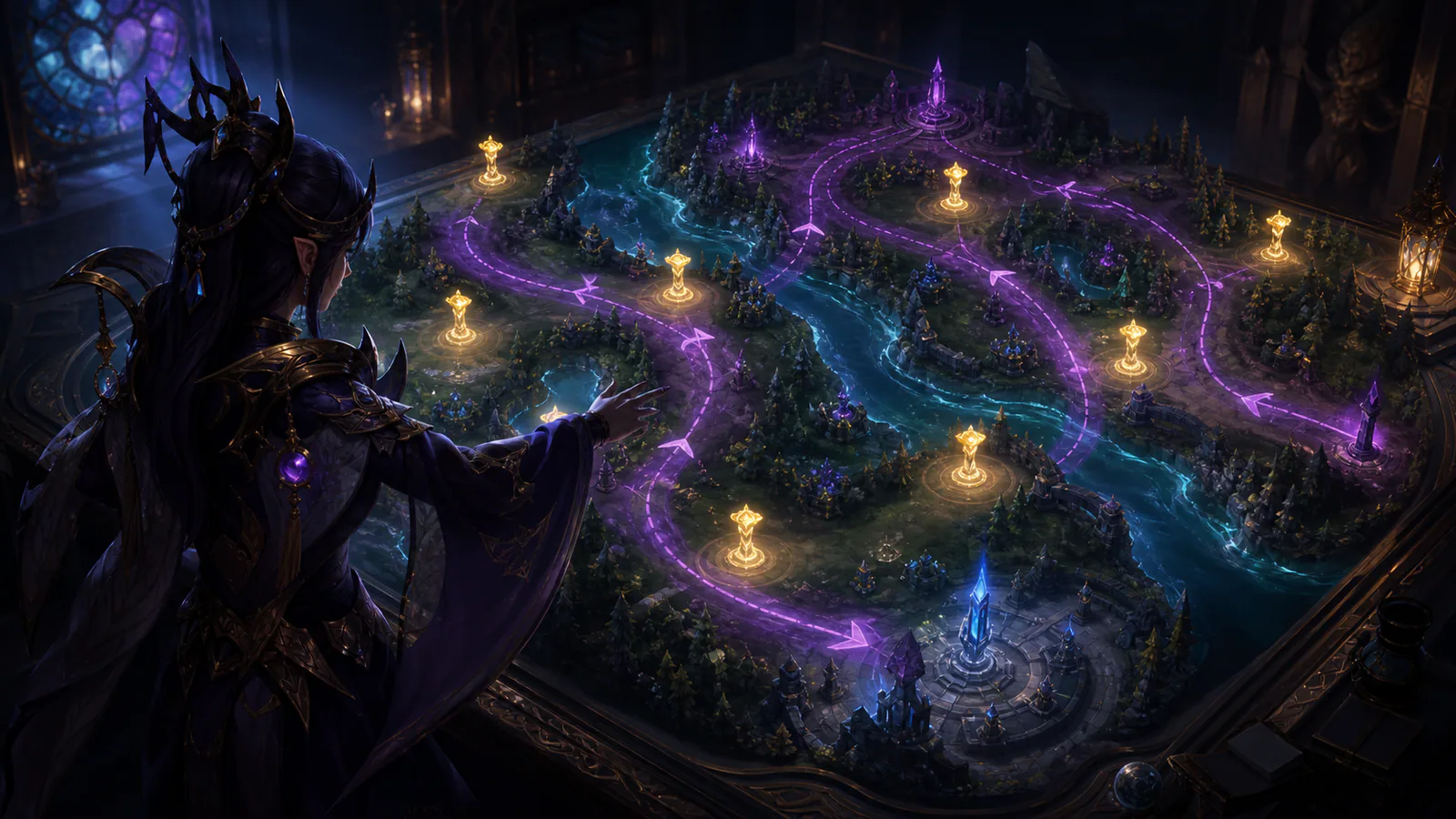 Fantasy MOBA support reviewing glowing wards on a river map table