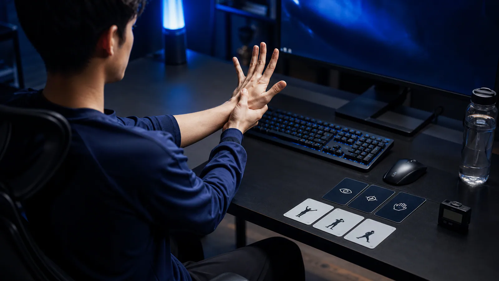 Esports player performing a gentle hand warm-up at a practice desk
