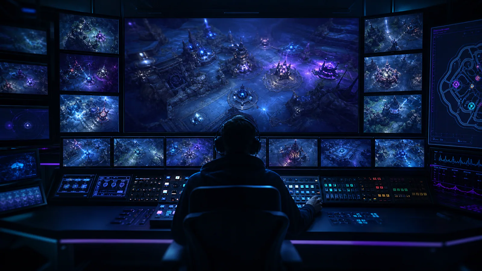 Esports broadcast observer directing multiple tactical camera feeds