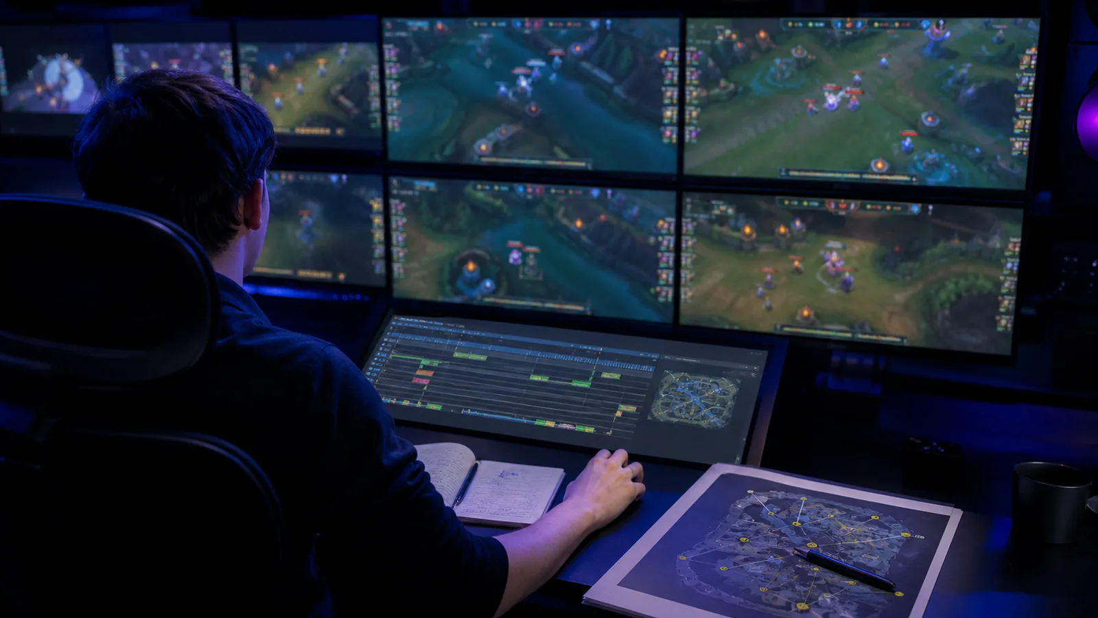 Esports analyst reviewing synchronized match replays in a dark studio