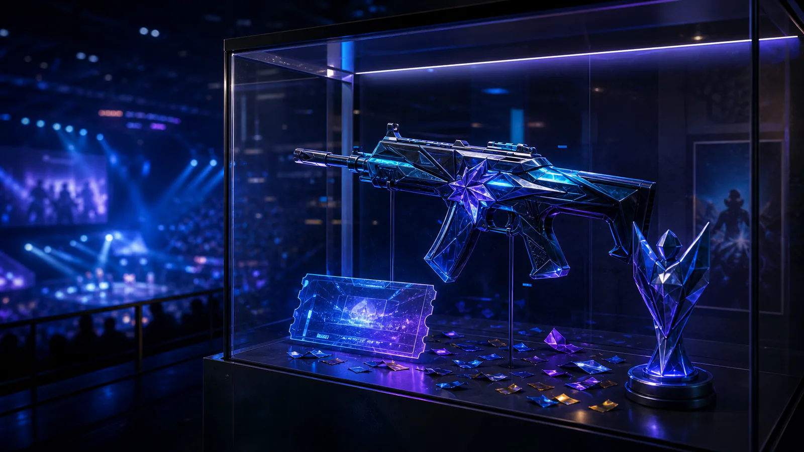Championship cosmetic with holographic ticket and trophy in an arena display case