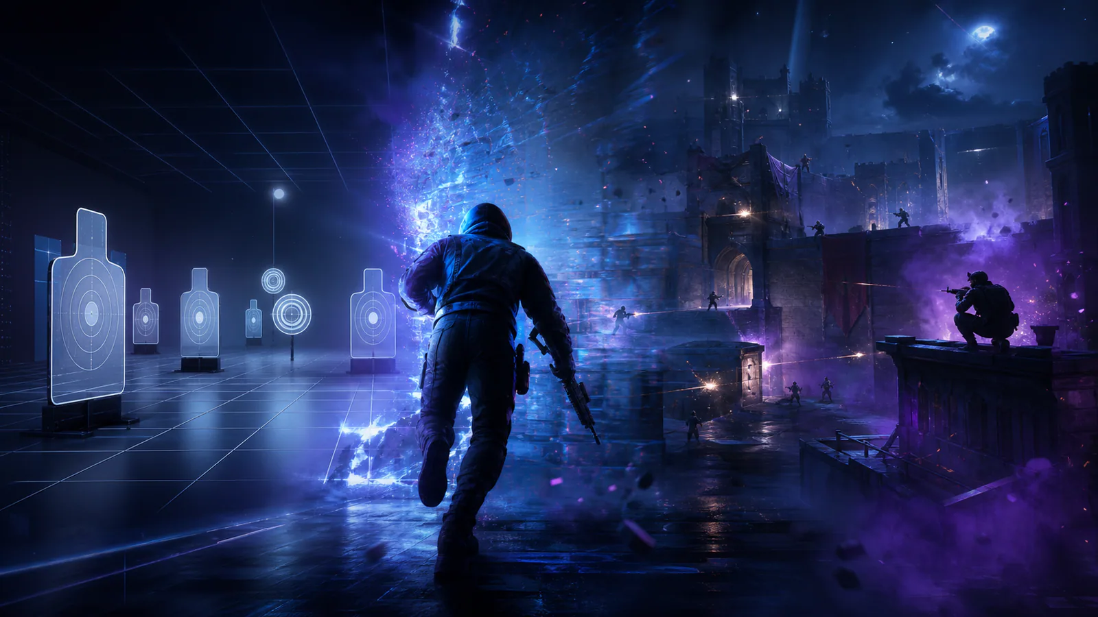 Esports player moving from abstract aim targets to a tactical game duel