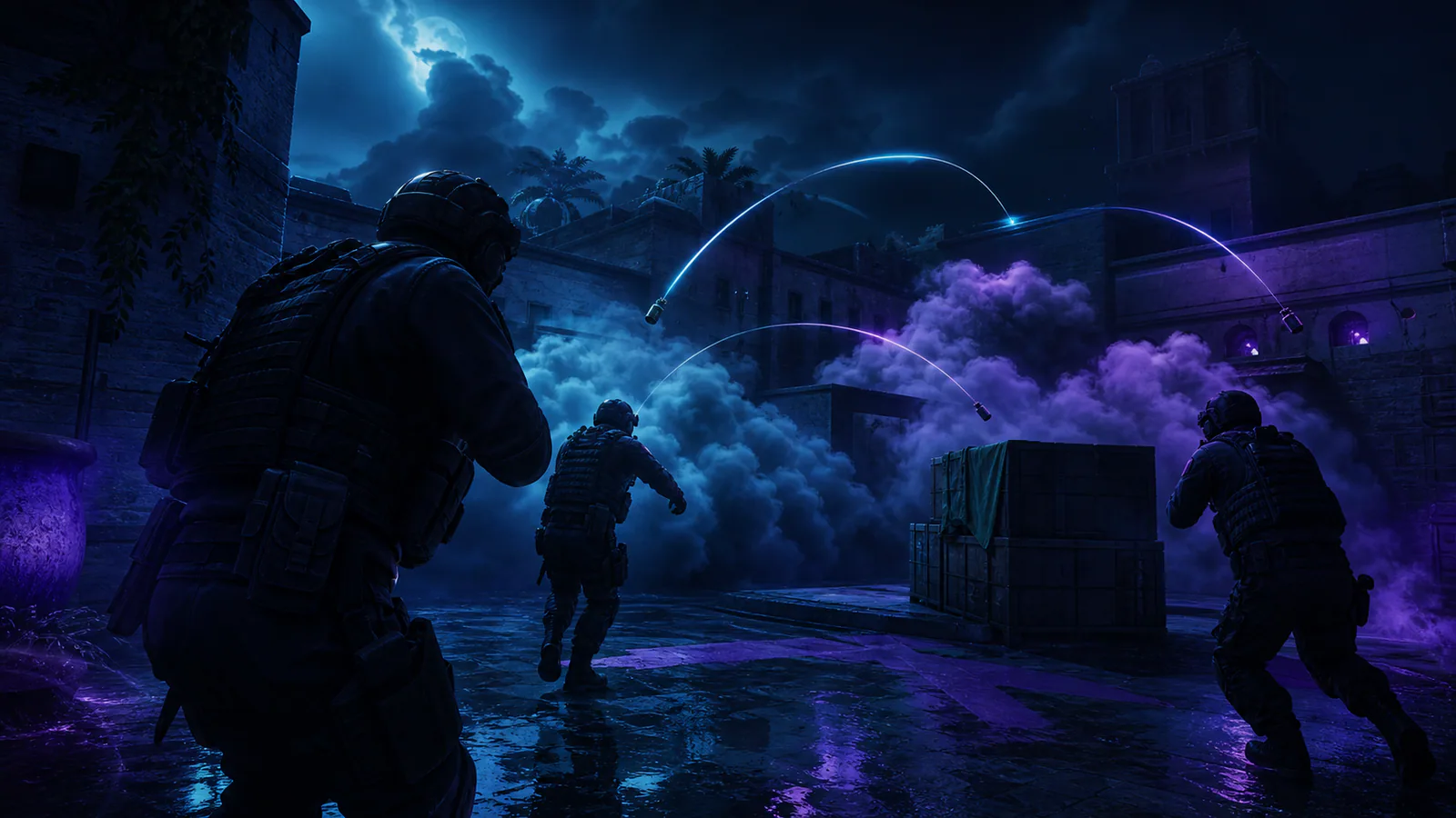 Three tactical players coordinating smoke and flash utility during a retake