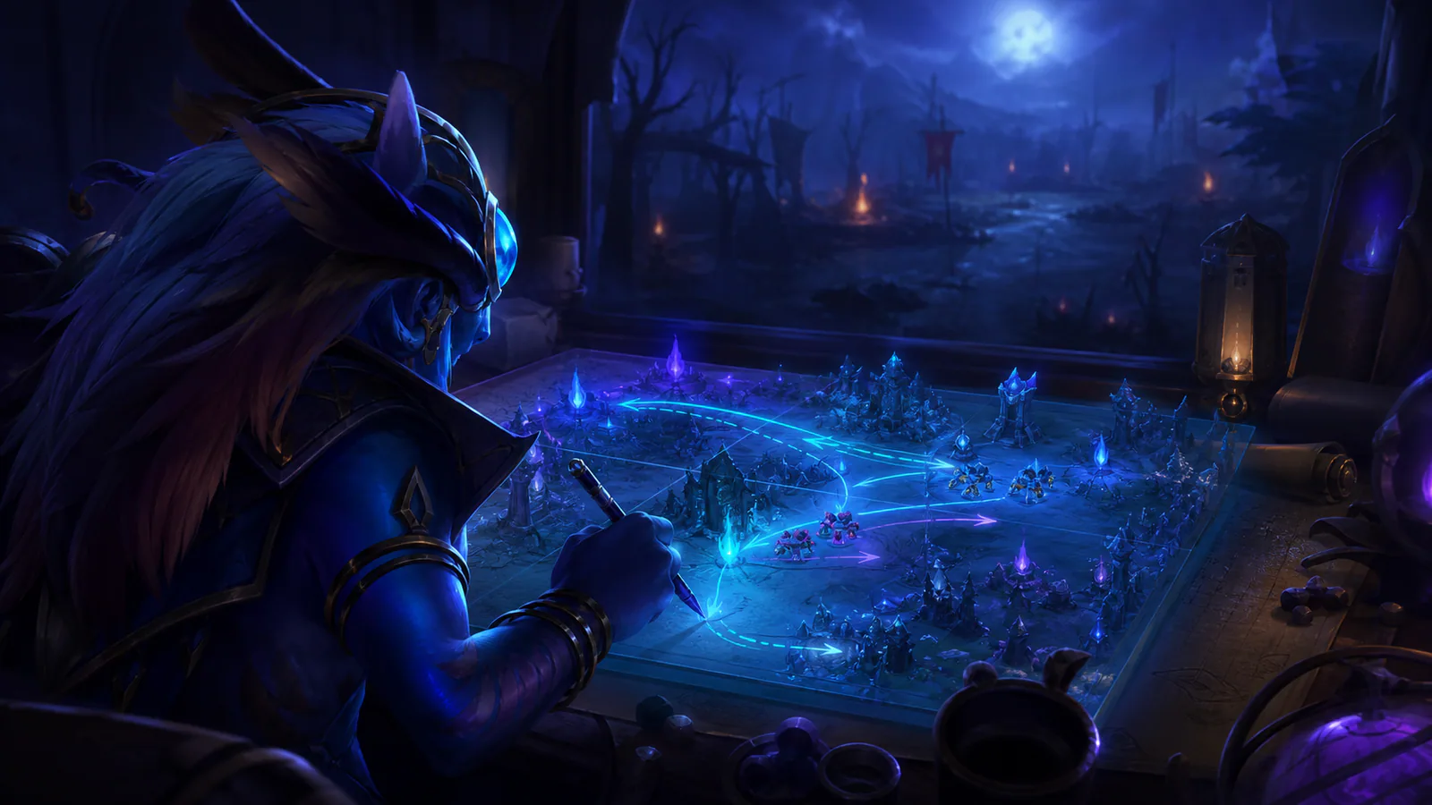 Fantasy MOBA support reviewing lane notes beside a glowing map