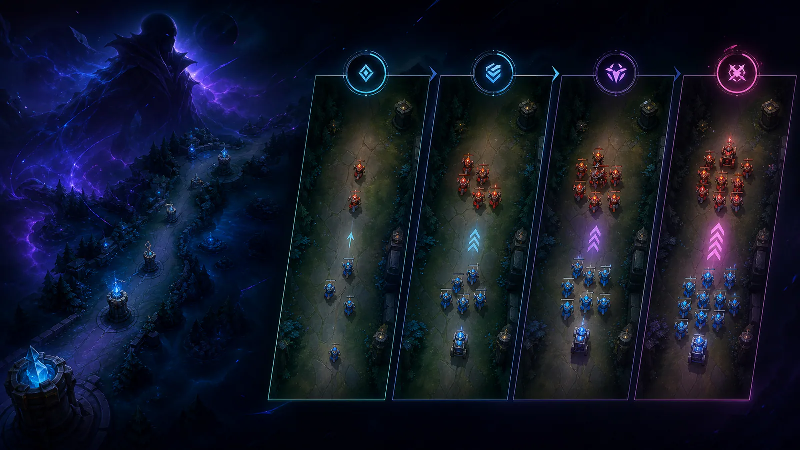Top-down MOBA lane with minion waves and replay timeline annotations