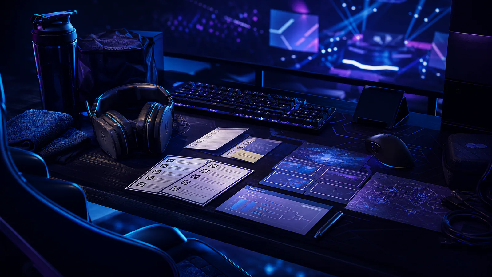 Esports staff checking equipment and schedules beside a tournament stage