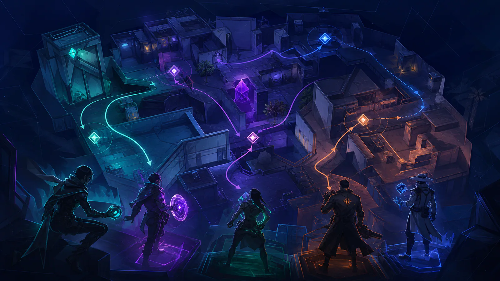 Futuristic tactical team spreading across a holographic three-lane map