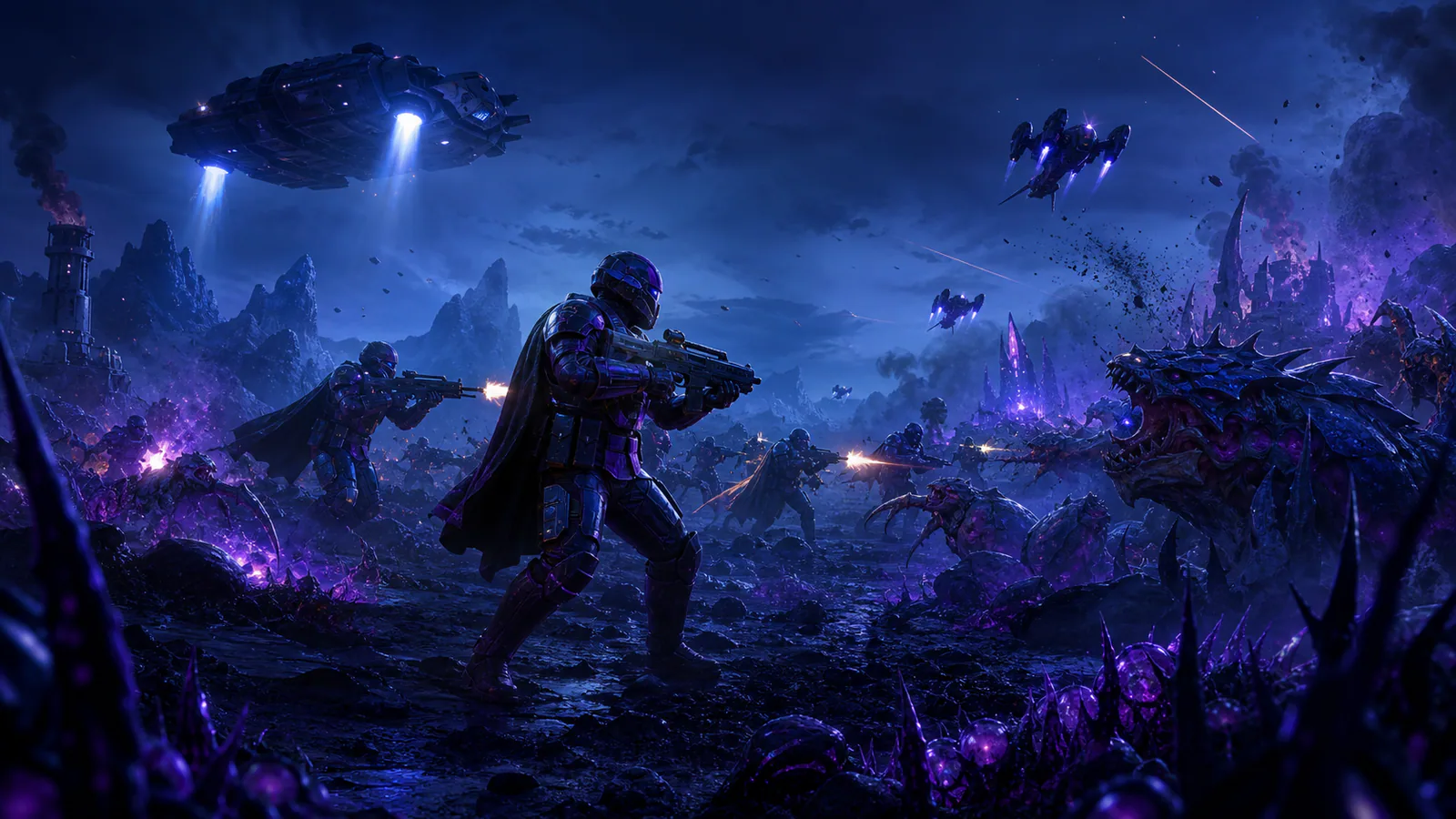 Four armored cooperative soldiers defending a beacon on an alien battlefield