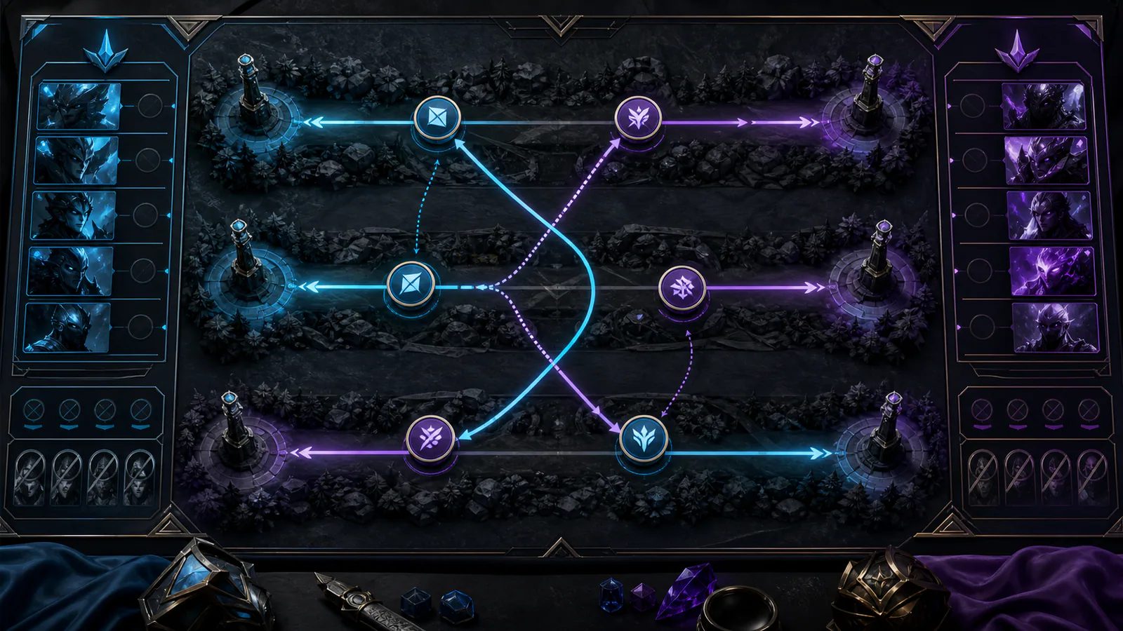 Top-down MOBA draft board with flexible role paths between lanes