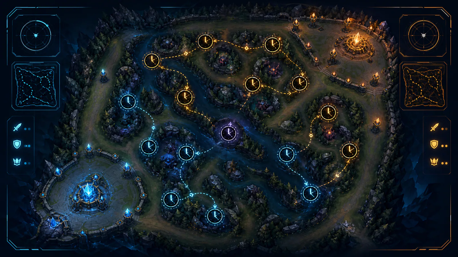 Top-down MOBA jungle map with camp clocks and two possible routes