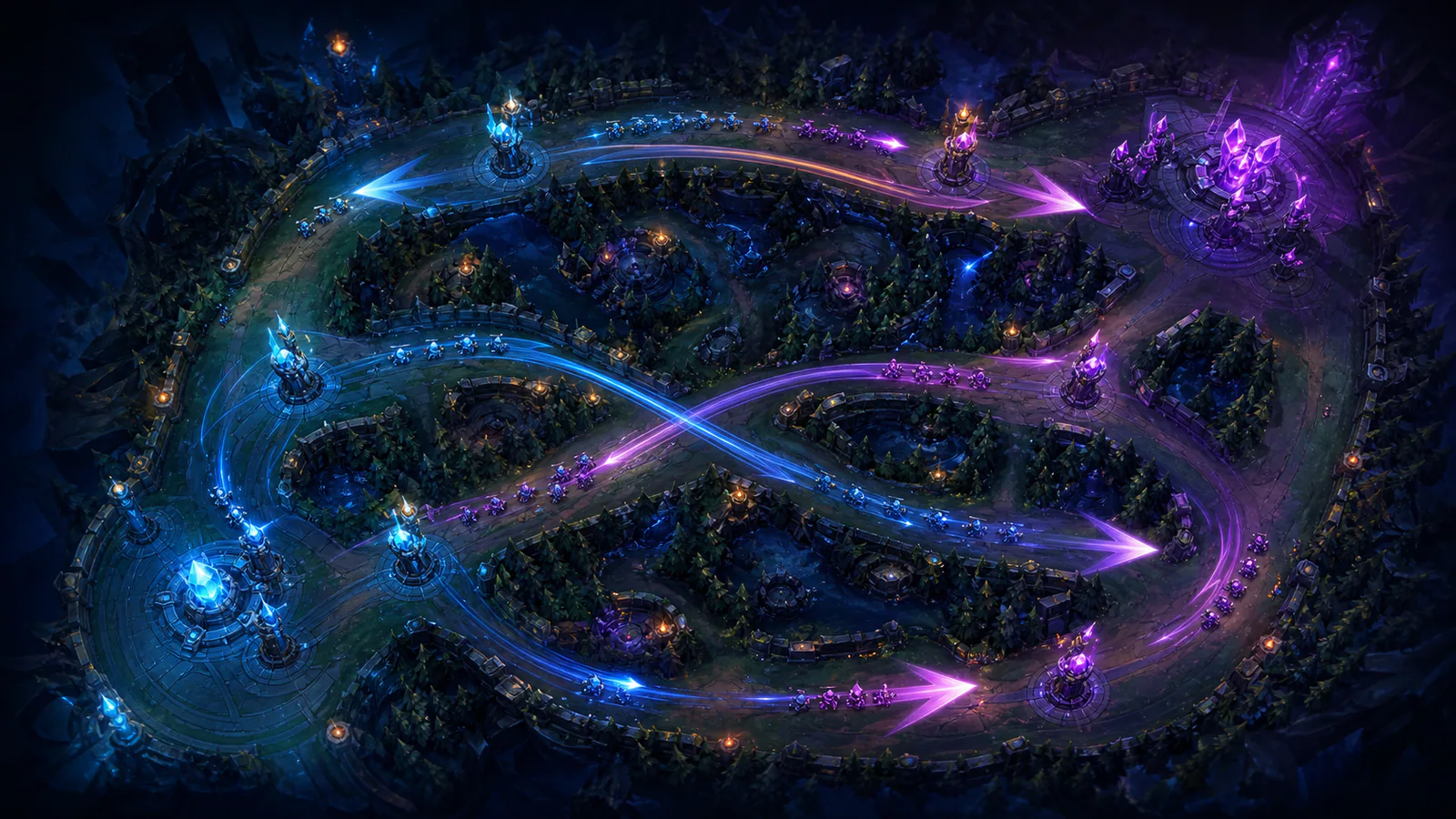Top-down fantasy MOBA map showing crossed lane routes and tower pressure