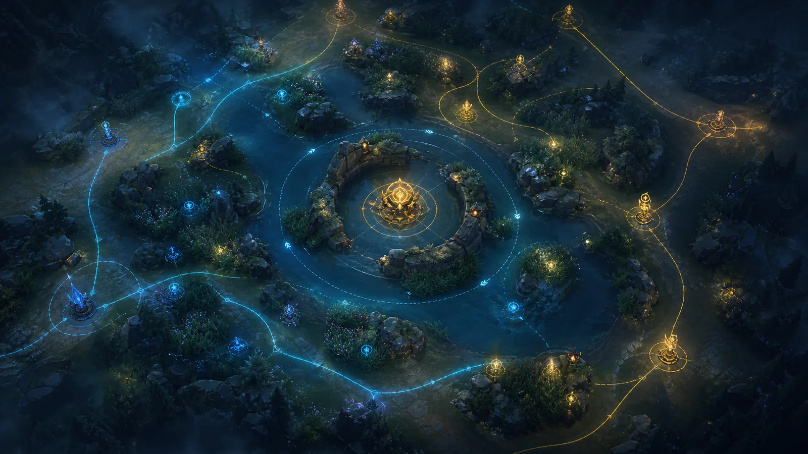 Top-down MOBA river objective with glowing vision paths and team positions