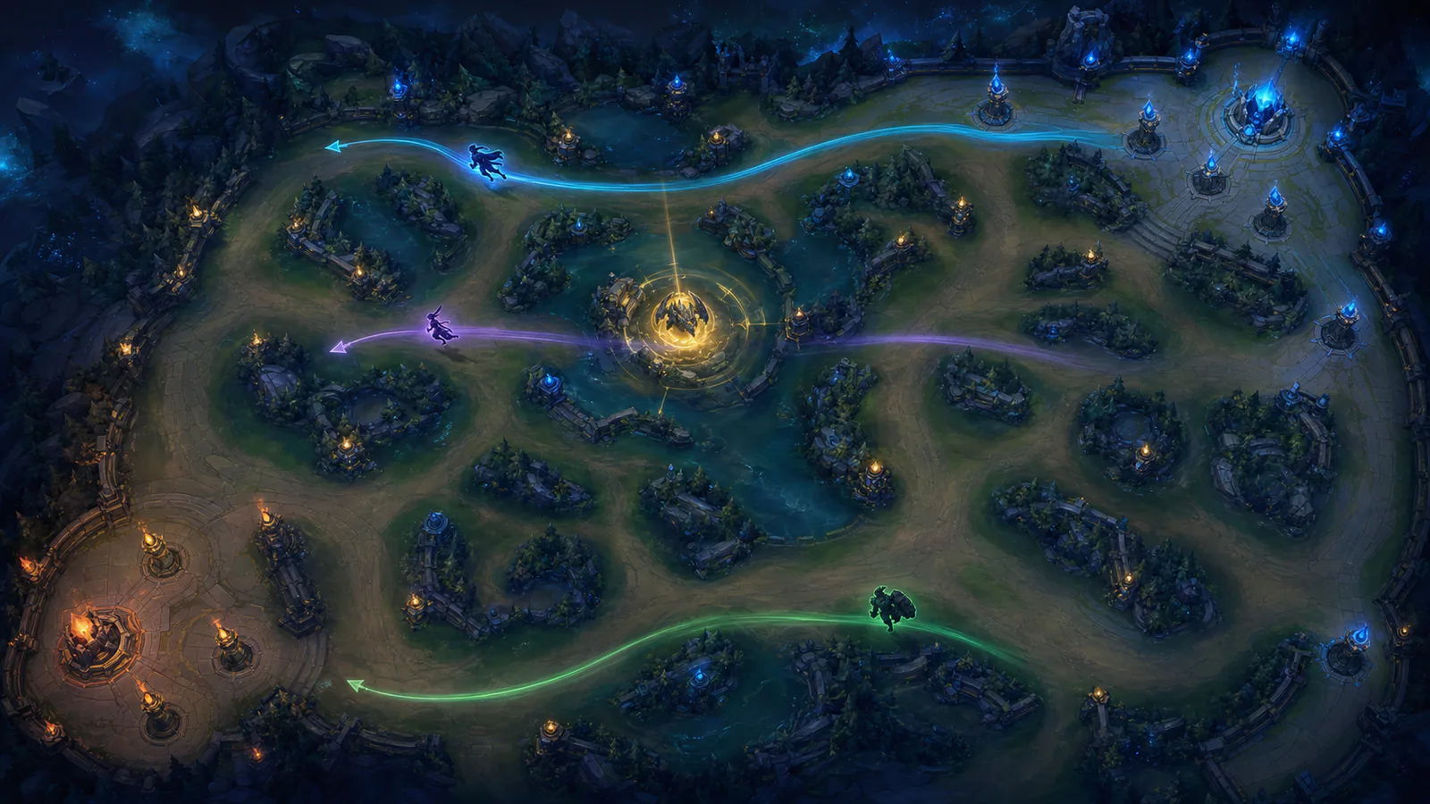Top-down three-lane MOBA map showing side-lane and objective assignments
