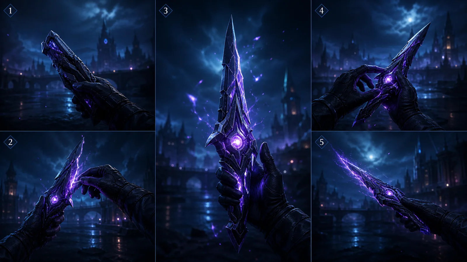 Five distinct game character skins sharing one readable competitive silhouette