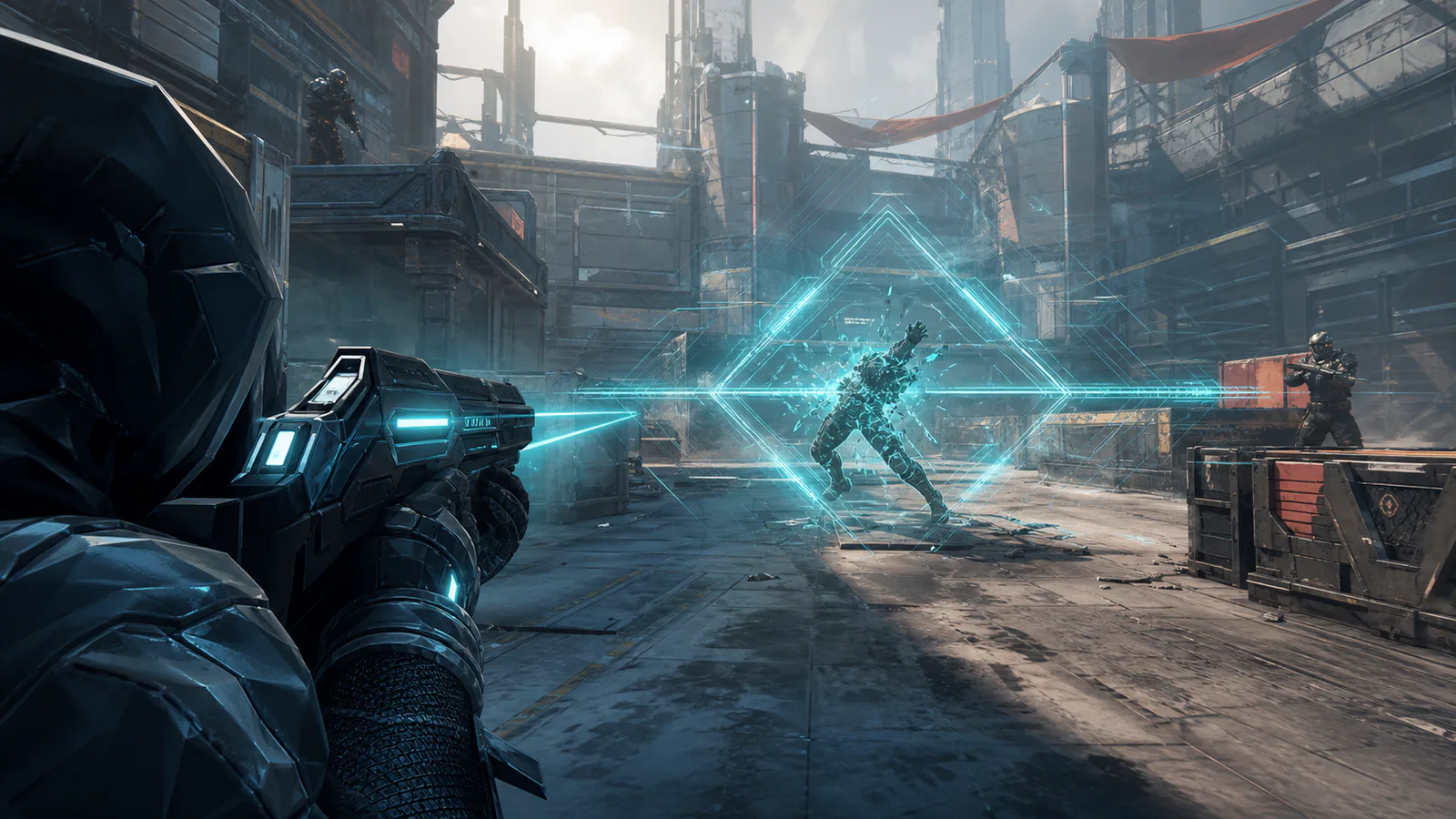 Tactical shooter elimination marked by one clear cyan geometric pulse