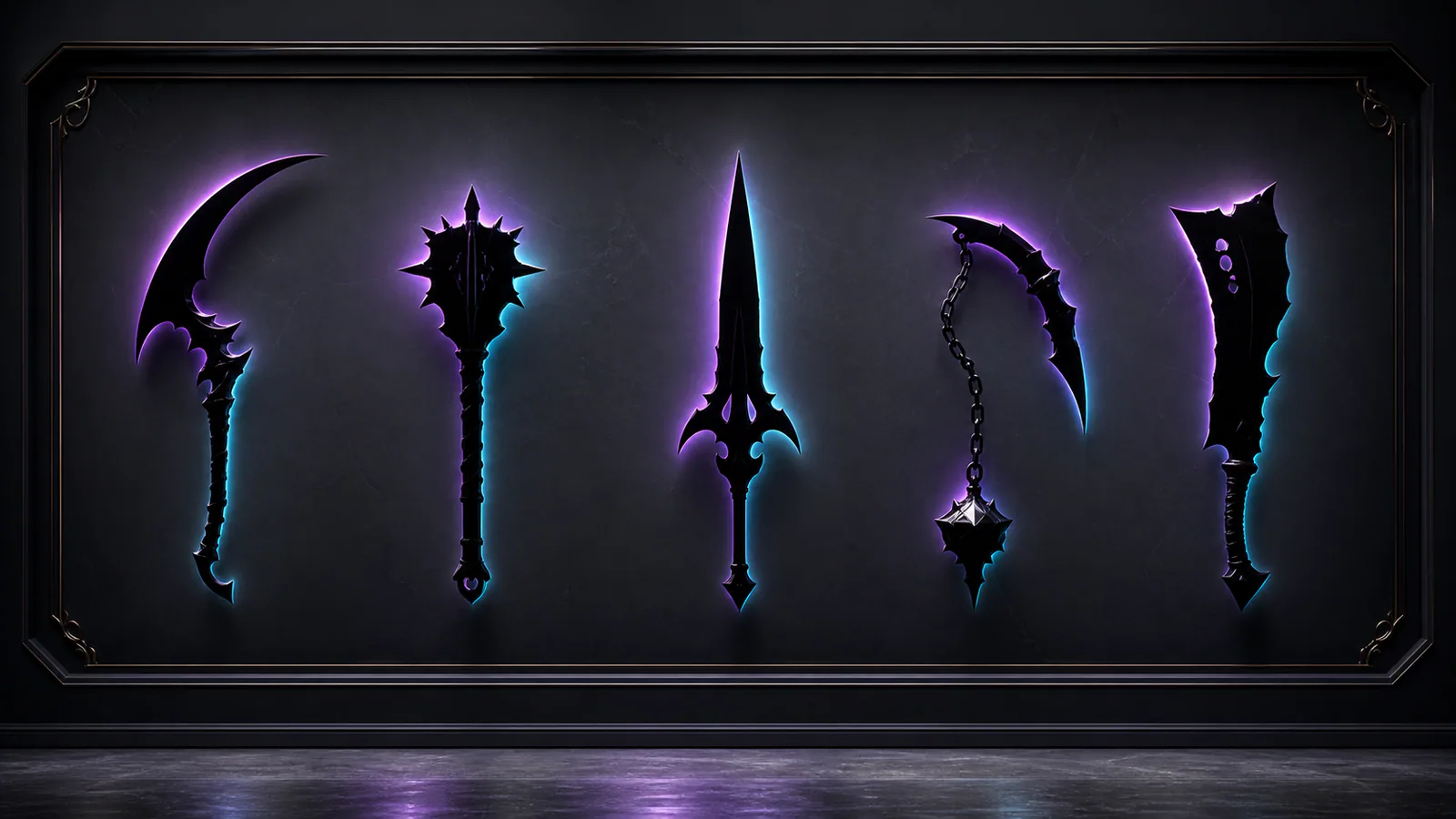 Five distinct fictional melee weapon silhouettes with cyan violet rim light