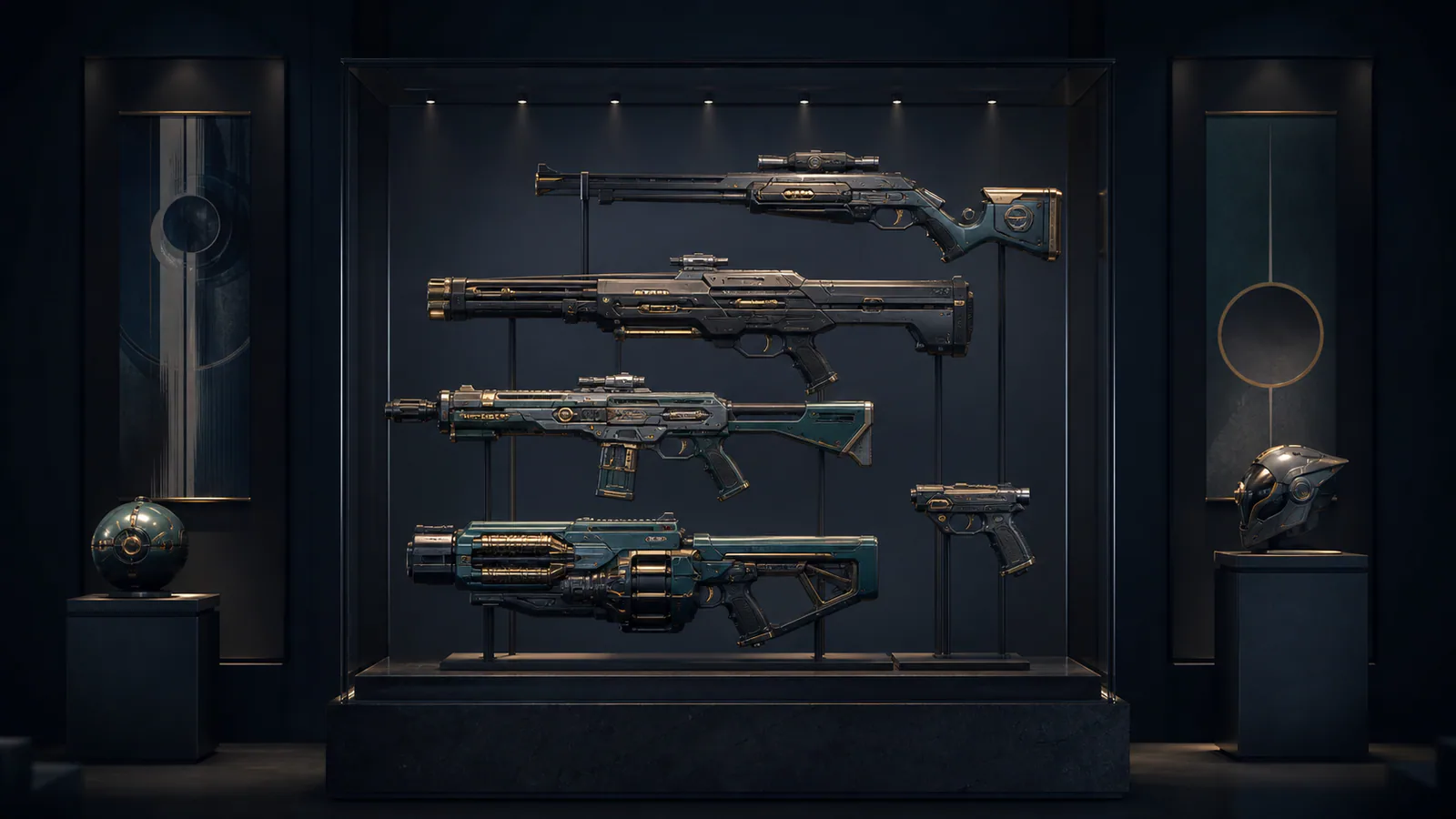 Muted teal bronze and charcoal fictional weapon skins in a gallery display