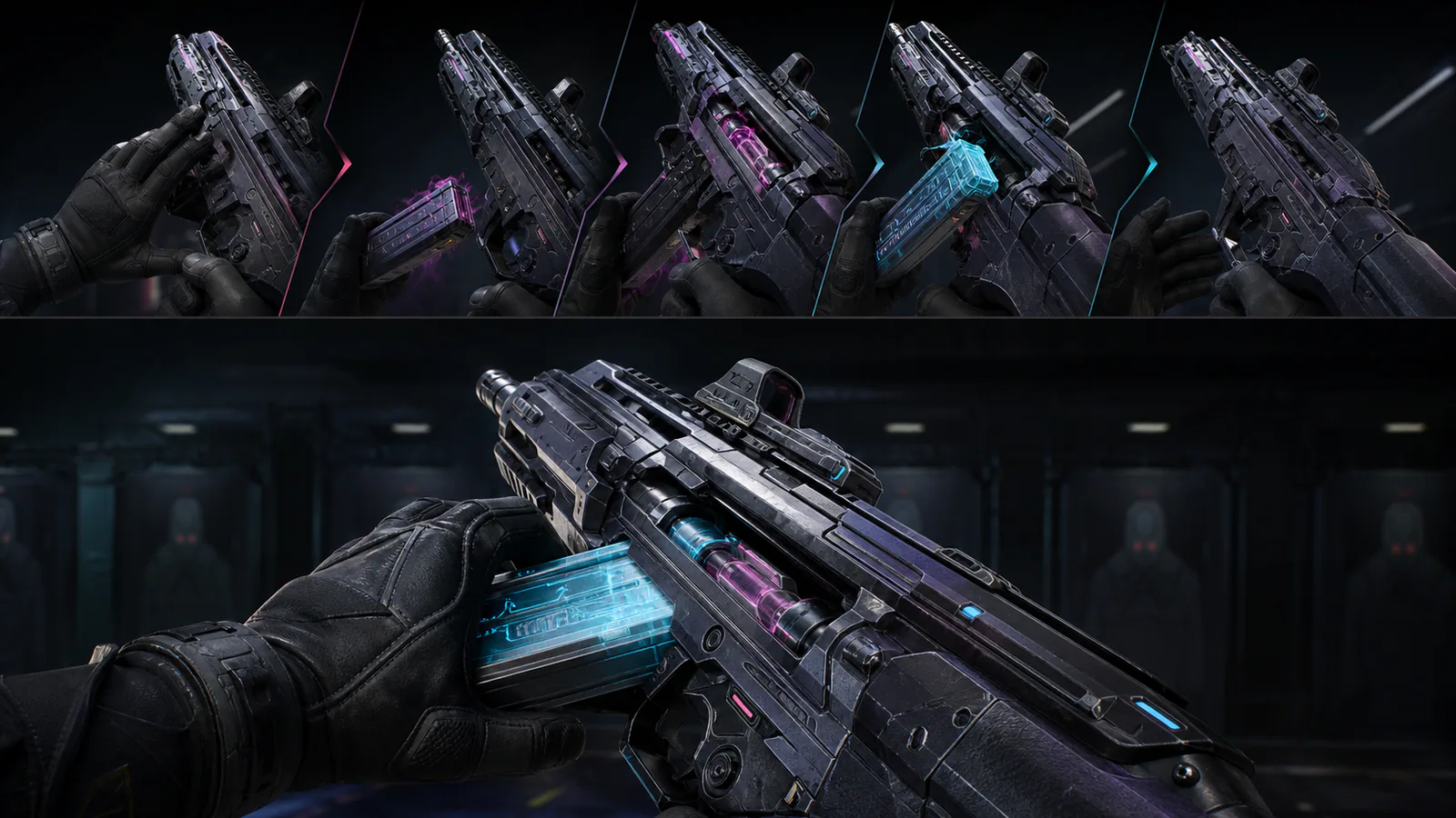 Gloved hands reloading a fictional rifle with cyan and magenta energy parts